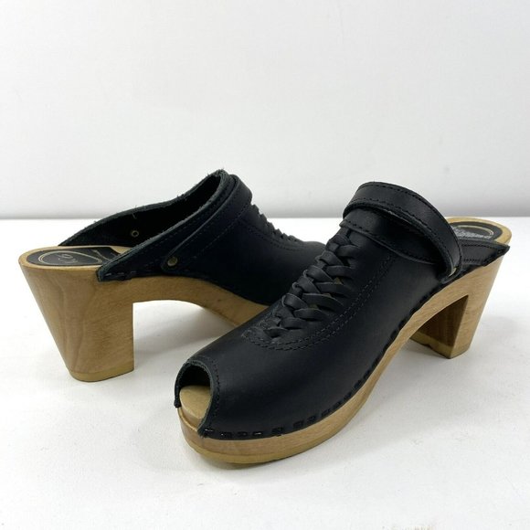 No. 6 Sven Clog Woven Slingback Peep Toe Wooden Heel Black Leather Shoes Size 38 - Picture 7 of 9